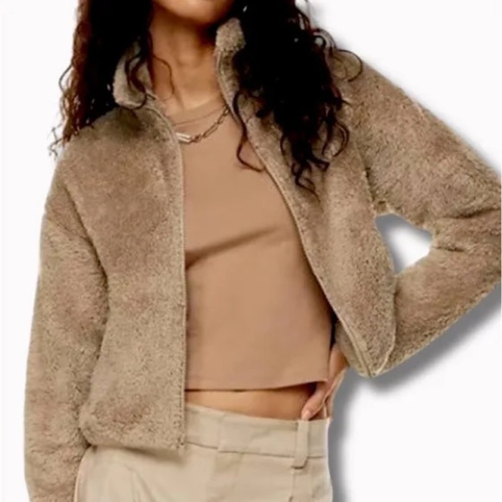 Sunday Best| Aritzia Cozy Brown Teddy Fleece Full-Zip Mock Neck Jacket Sz XXS - Picture 6 of 7